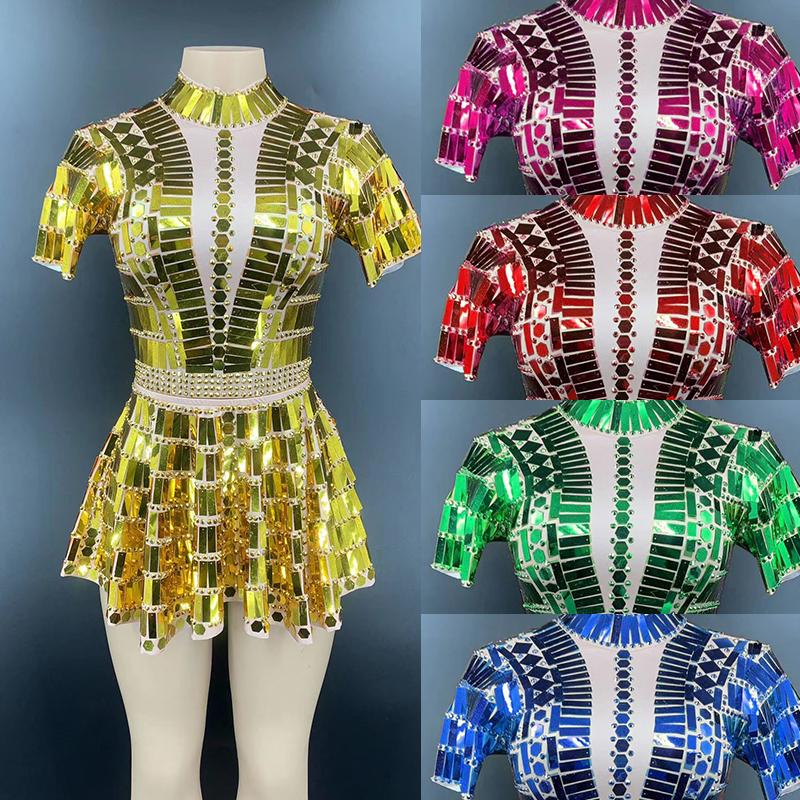 

Multicolor Mirror Rhinestones Short Dress Birthday Prom Celebrate Outfit Transparent Dresses Women Dancer Stage Show wear DT2949, As picture