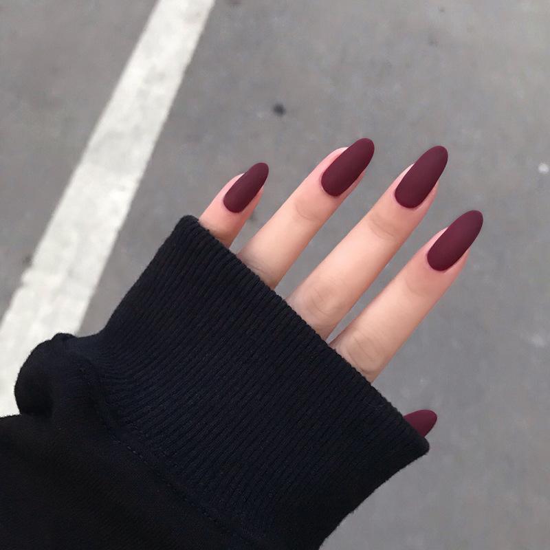 

24 Pcs/set Matte Frosting Wine Red Fake Nails Detachable Long Round Ultra Thin False Nails Tips with Adhesive Tape Glue Sticker, Mp555