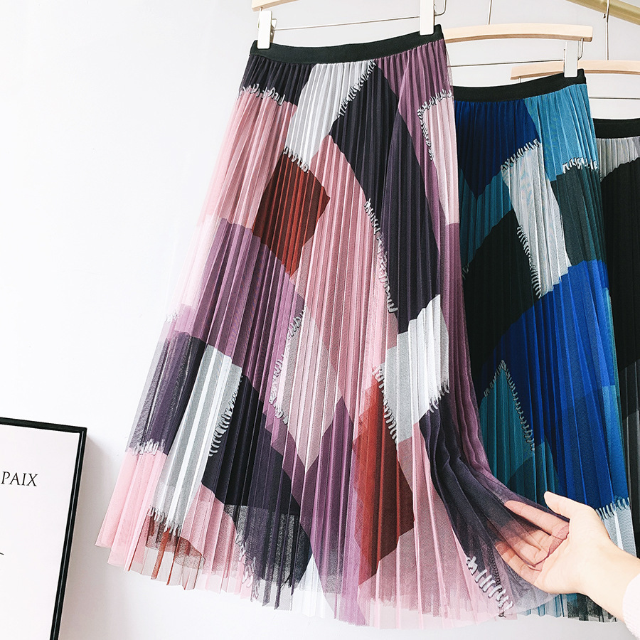 

New 2021 Women Summer Color Patch A-line Mesh Stretch High Waist Long Pleated Skirt Femme Elegant Jupe Saia Rizb, Purple
