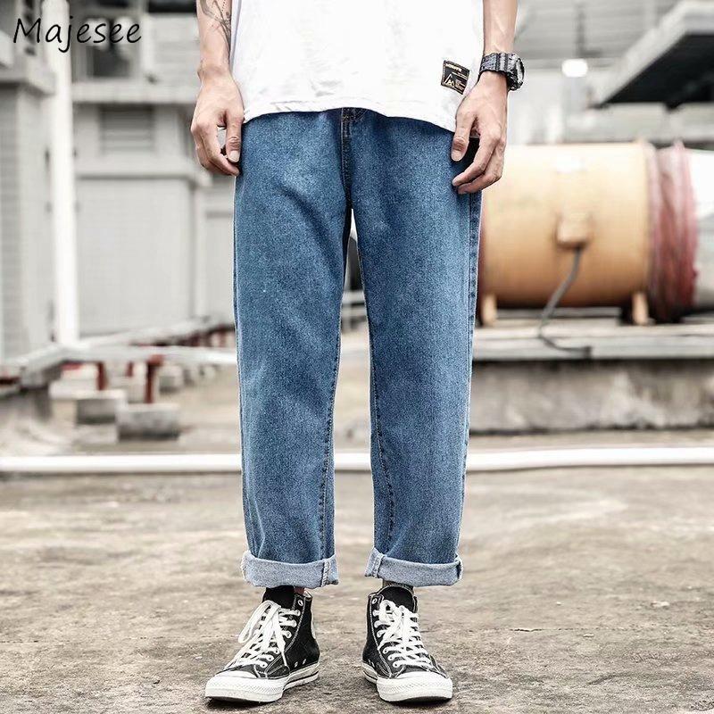 

Men Jeans Denim Solid Loose Males Baggy Ankle Length Simple Ulzzang Trendy Leisure Harajuku Chic All-match Fashion Cowboy New, Blue