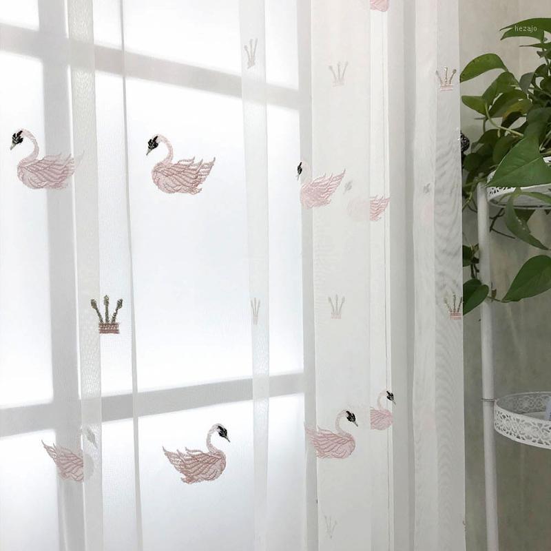 

Finished Tulle Sheer Voile Curtains for Living Room Window Screen Swan Embroidery Pink Blue Yarn Embroidered Girls1