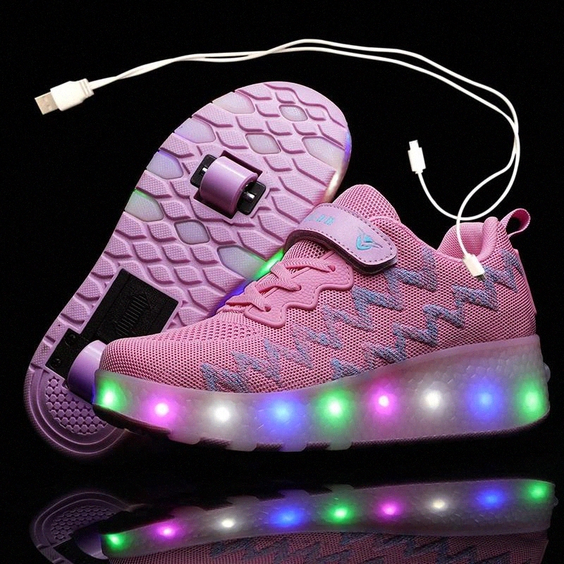 

Children One Two Wheels Luminous Glowing Sneakers Gold Pink Led Light Roller Skate Shoes Kids Led Shoes Boys Girls USB Charging #5H22