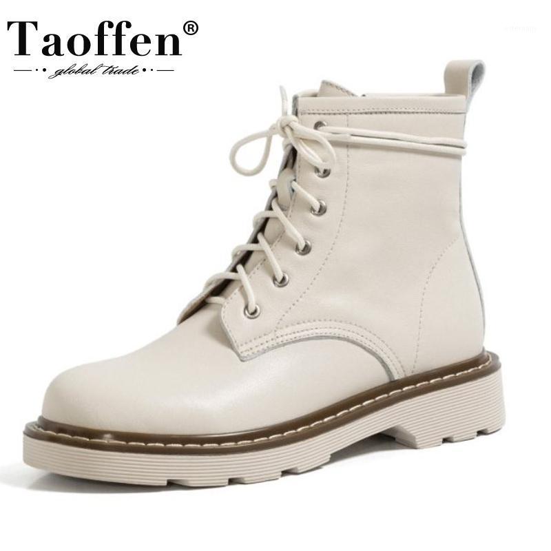 

TAOFFEN Real Leather Women Ankle Boots Lace Up Flats Round Toe Shoes Winter Warm Boots Fashion Women Footwear Size 34-401, Black