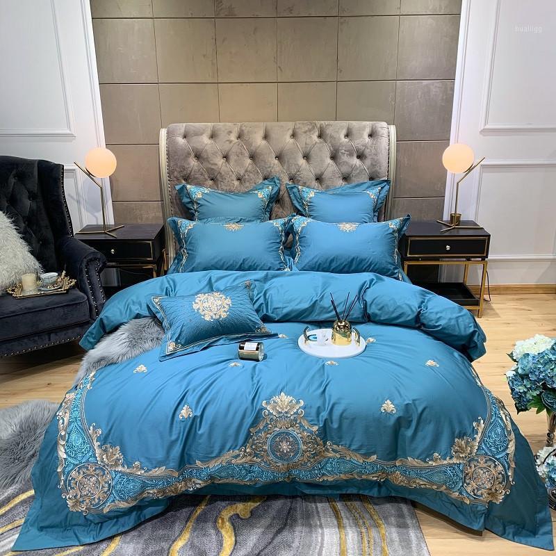 

Luxury Exquisite Embroidery Blue Champagne 600TC Egyptian Duvet Cotton Bed Bedding 4pcs Sheet Pillowcases Cover Set King Queen1