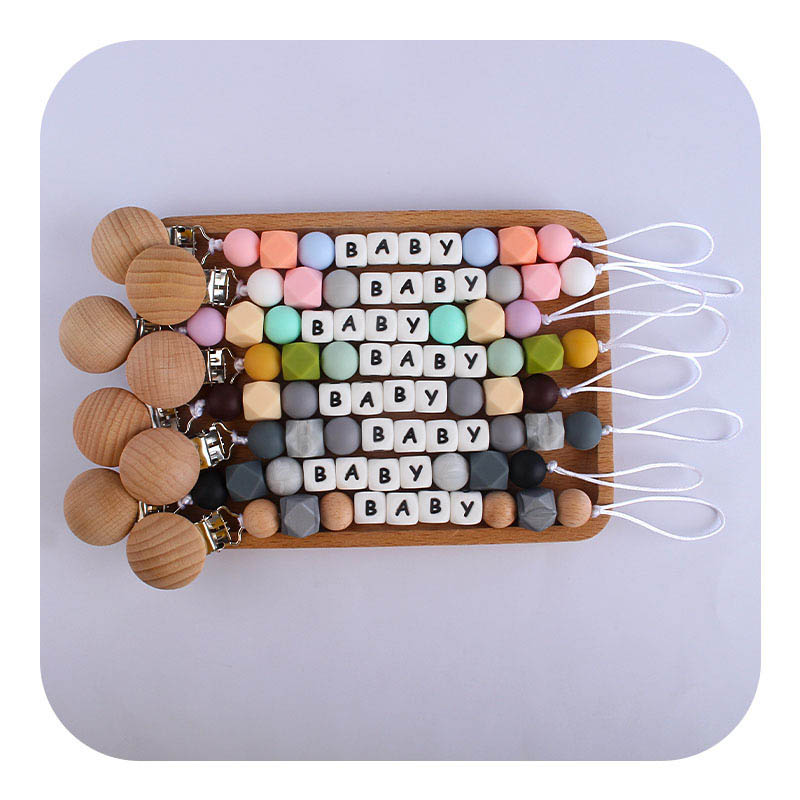 

INS Silicone Wood baby pacifier clips Baby Dummy Pacifier Clip letter Beads Nipple Holder Nursing Teething Gifts Baby Toys B2951
