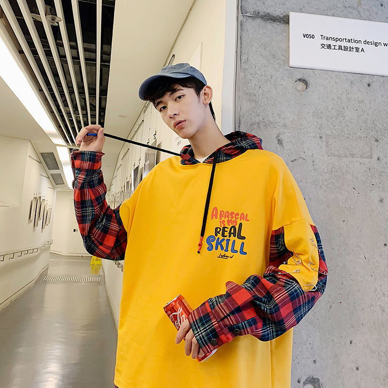 

Male Spring/winter 2021 Thin New Chess English Printing Hoodie Sweatshirt Youth Men's Clothes C33K, Yellow.