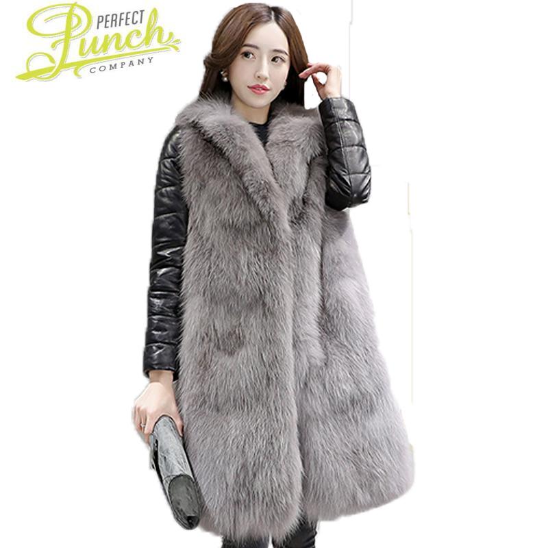 

Fashion Grey New Imitation Faux Fur Coat With PU Sleeve Patchwork Long Loose High Quality Warm Jackets ST021
