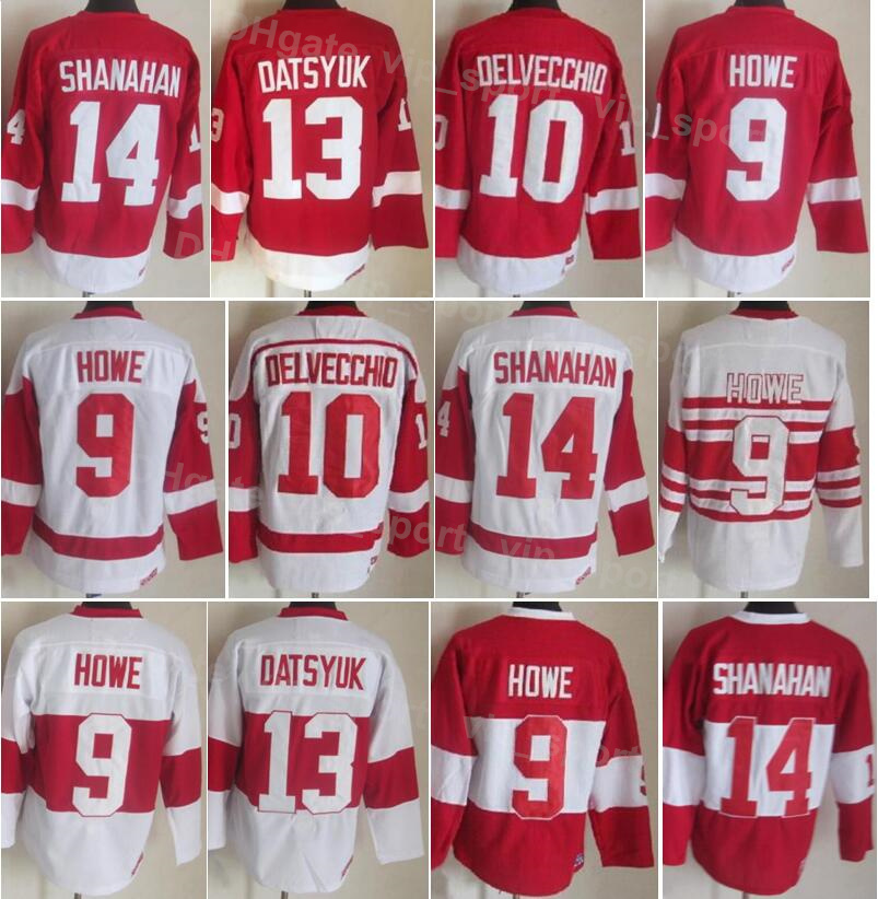 

Men Ice Hockey Vintage Retro 10 Alex Delvecchio Jersey 13 Pavel Datsyuk 14 Brendan Shanahan 9 Gordie Howe 19 Steve Yzerman Stitched Home Red White 75th Year HongYi, 10 white