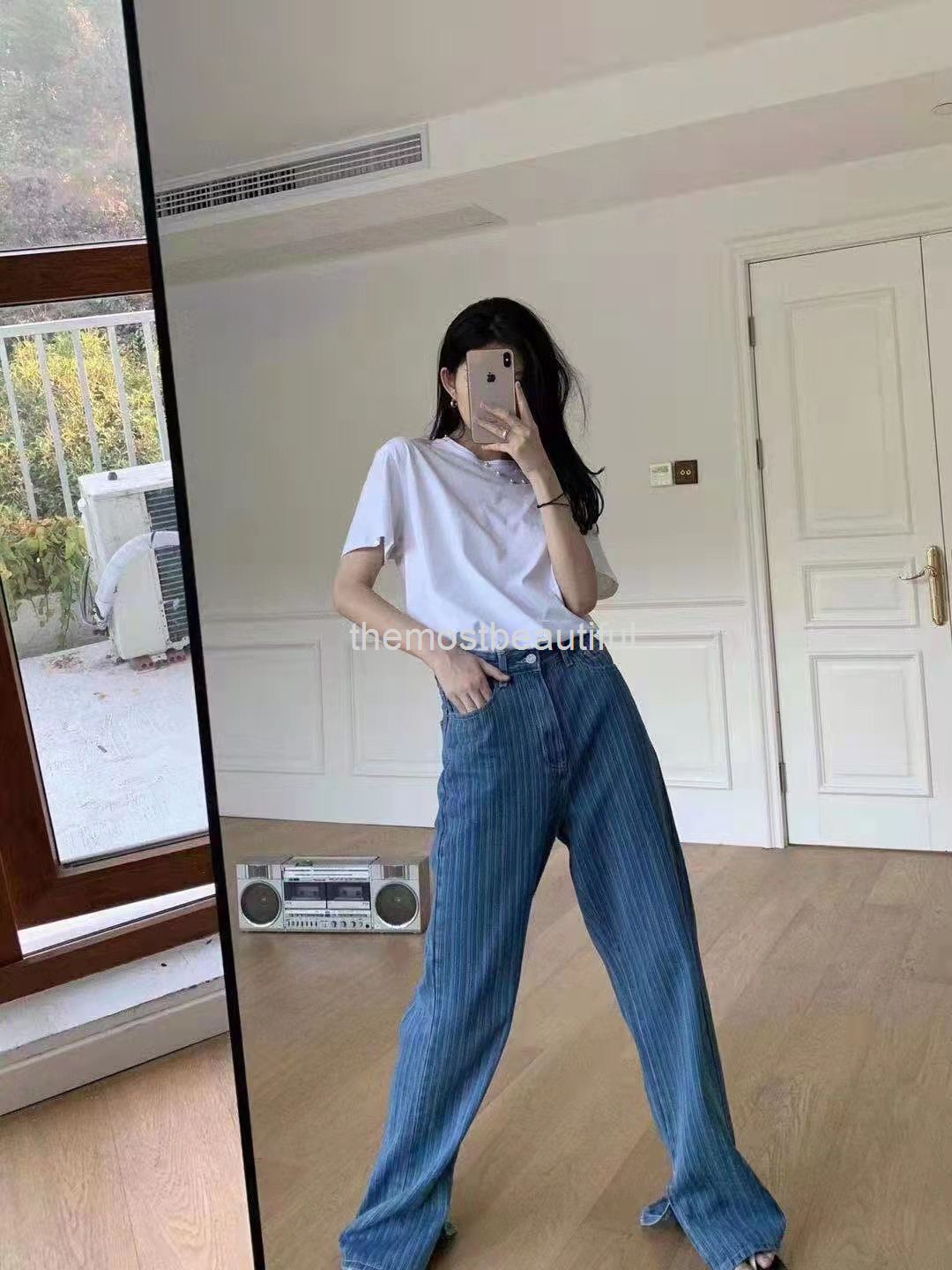 

Women's Jeans 22 spring Korean single stripe split jeans salt cool girls wear high thin loose wide leg straight pants, Light blue