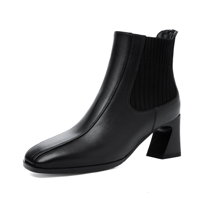 

2021 New Genuine Leather Knitting Concise High Boots Newest Square Toe Ladies Working Party Shoes Woman Heels Enea, Beige
