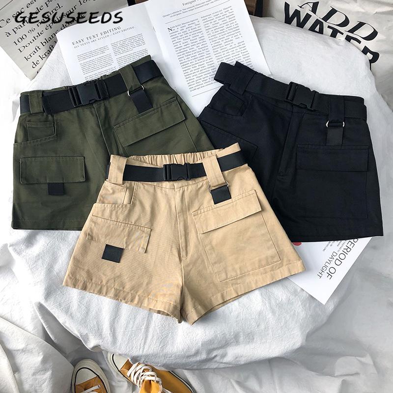 

Black female high waisted shorts casual elastic shorts vintage cargo women short mujer khaki pockets Summer, Green