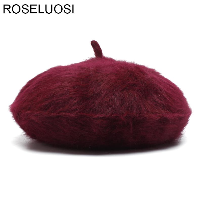 

ROSELUOSI Women Fur Knitted Berets Hats 2020 Casual Solid Color Autumn Winter Hat Female Bonnet Caps Boina Feminino, Black