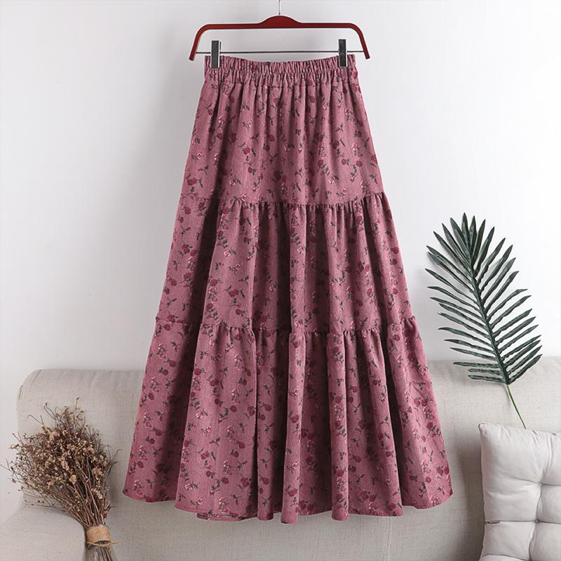 

Tight waist big swing corduroy print stitching skirt 2020 autumn winter new high-waisted thin loose female Wild A-shape skirt, Beige