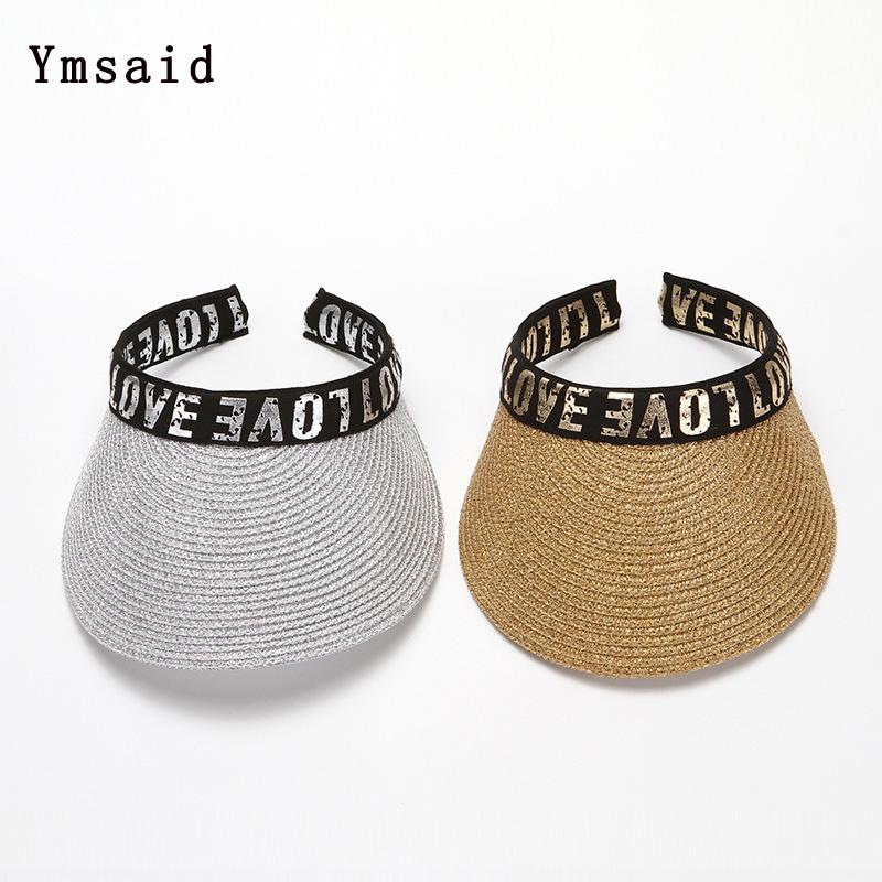 

2020 New Woman's Sun Hats Female Gold Letter Visor Caps Wide Brim Straw Summer Casual Shade Hat Empty Top Hat Panama Beach Caps, White