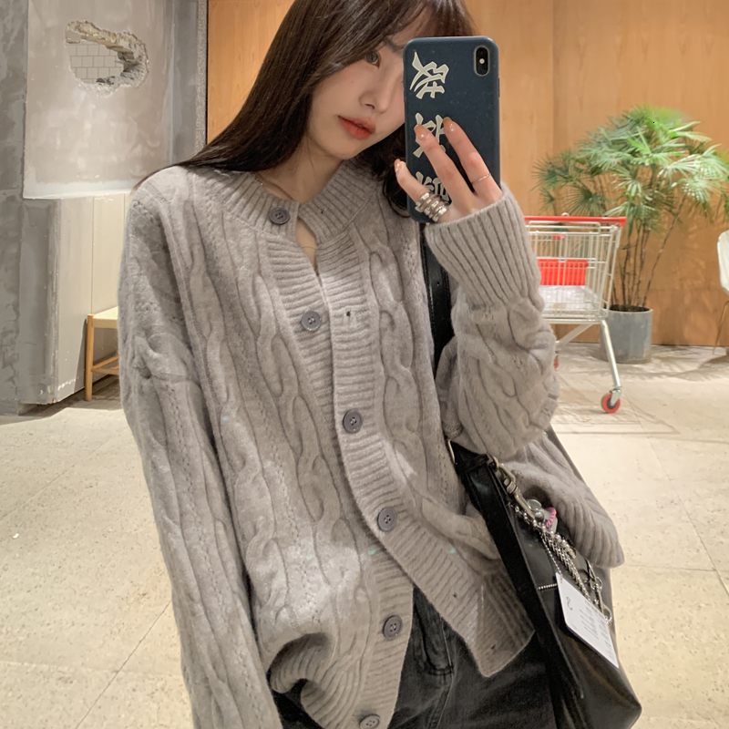 

2021 New Autumn and winter Korean style neck knitted cardigans loose grey windcheaters cardigan womens (c8185) 7KKO, Gray.