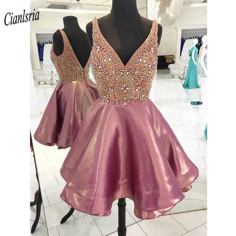 

Pink V-Neck Backless Beading Rhinestones Short Homecoming Dresses Mini Prom Party Dress Crystals Sleeveless graduation dress, Black
