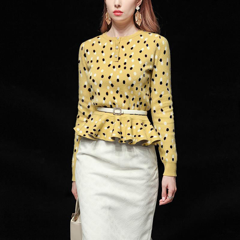 

2021 Versatile Round Neck Waistline Swing Lotus Leaf Long Knit New Fashion Sweater in the Fall and Winter YNW7, Yellow.
