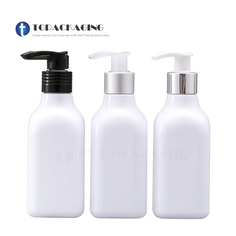 

30*200ML Lotion Pump Bottle Empty Square Plastic Cosmetic Container White Packaging Makeup Essential Oil Shampoo Aluminum Ring
