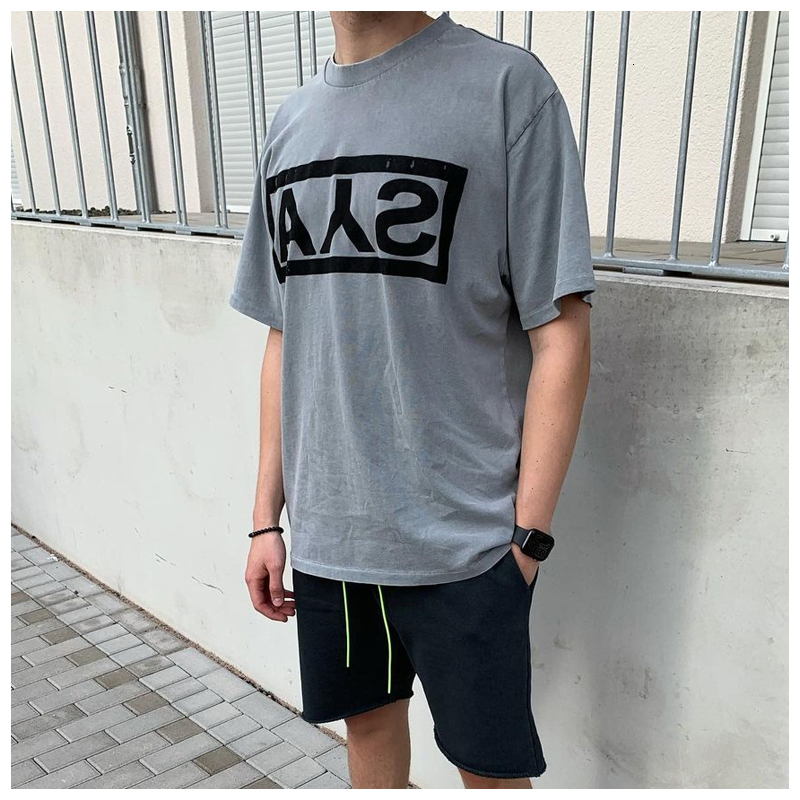 

Hip Hop Street Style Foam Letter Printing Washed Gray Cotton Short-sleeved Men's 2021 Summer New T-shirt 4o63