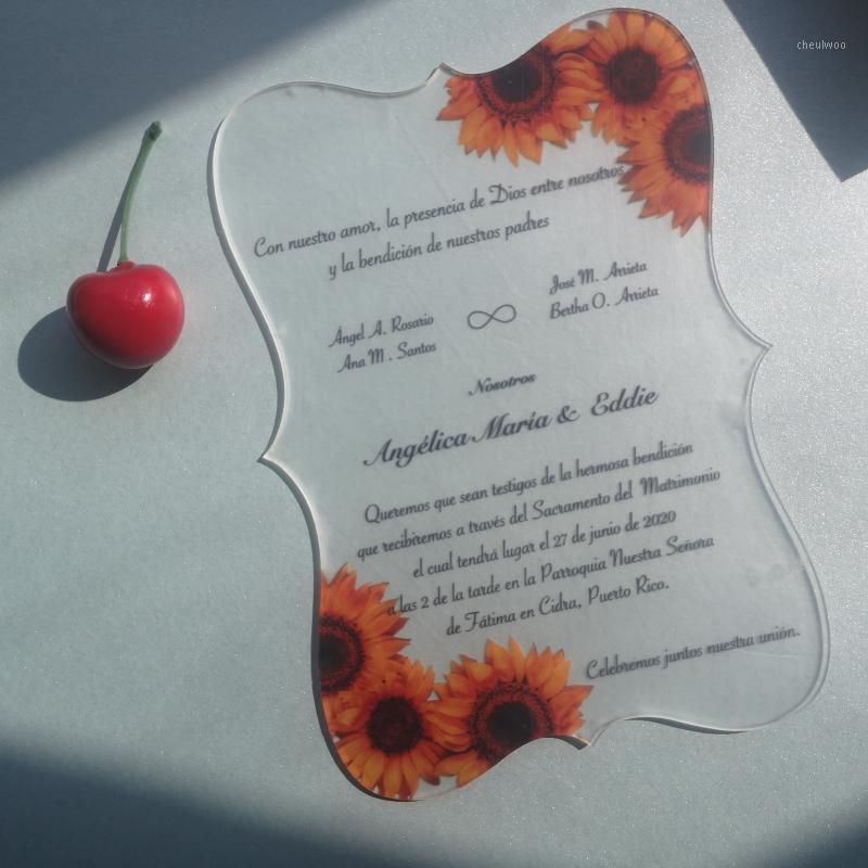 

custom printing heart shape acrylic card wedding save the date cards,sunflower invitation cards1