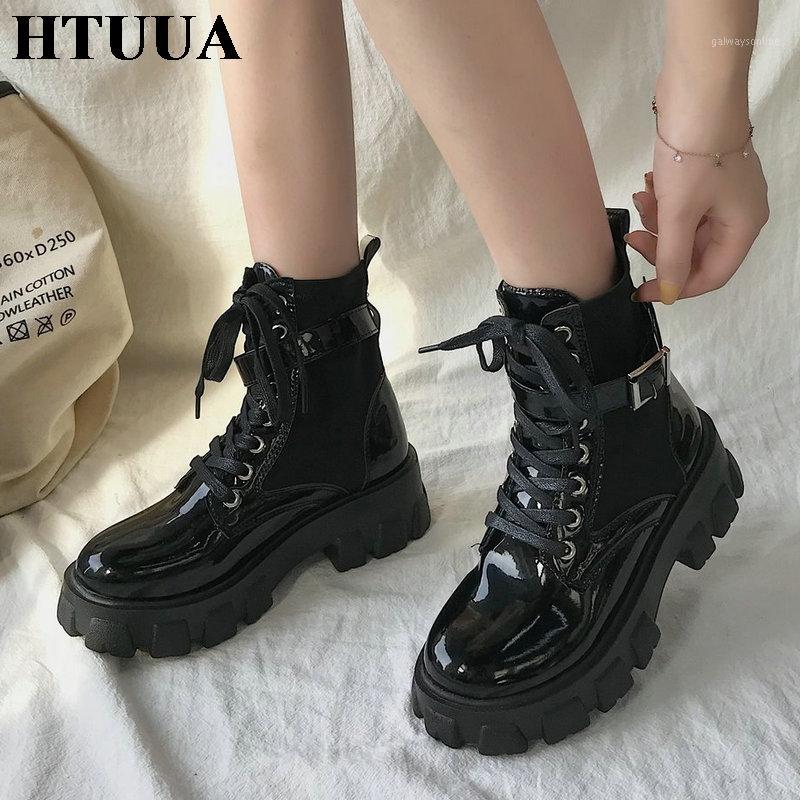 

HTUUA New Women's Autumn Boots Fashion Winter Black Buckle Strap Chunky Heel Platform Shoes Women Motorcycle Boots SX42601