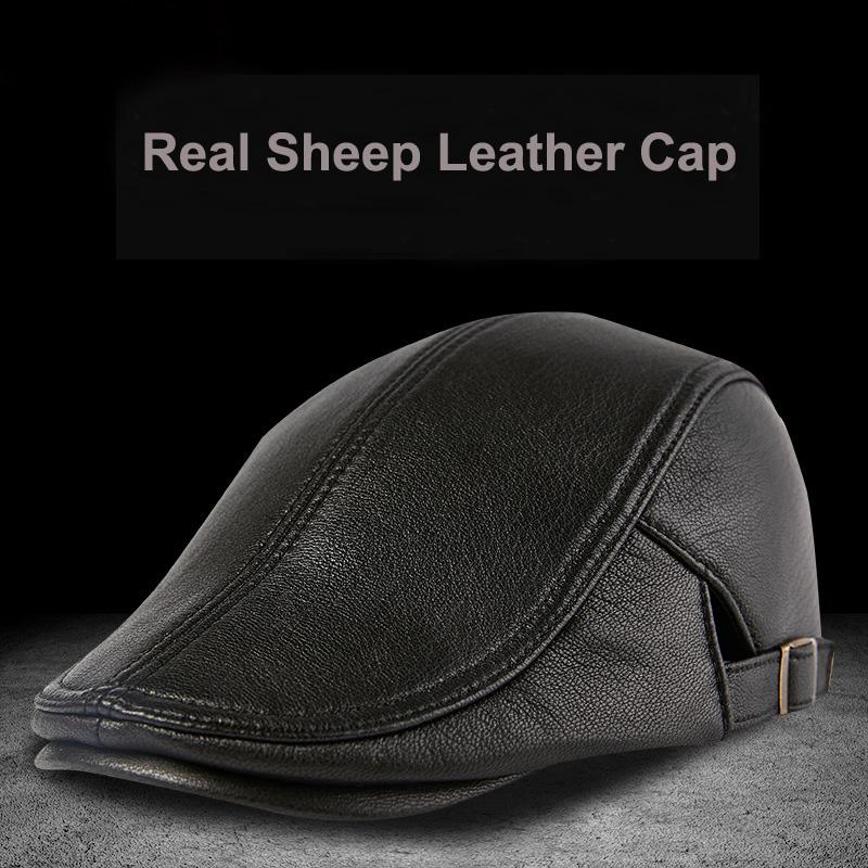 

High Quality Gatsby Men Beret Hat Real Leather Flat Cap Sheepskin Autumn Winter Male Brown Adjustable Mens Beret Caps