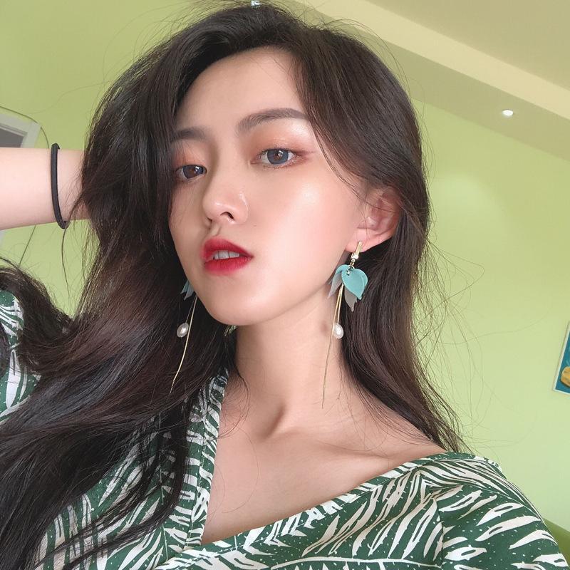 

needle green resin flower earring elegant pearl drop earrings thin long chain temperament earring for women jewelry