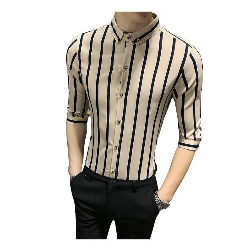 

2020 Summer Men' Fashion Black White Stripe Loose 3/4 Sleeve Shirt Lapel Tuxedo Shirt Male Clothing Comfort Top Plus Size 5XL, Black striped shirt
