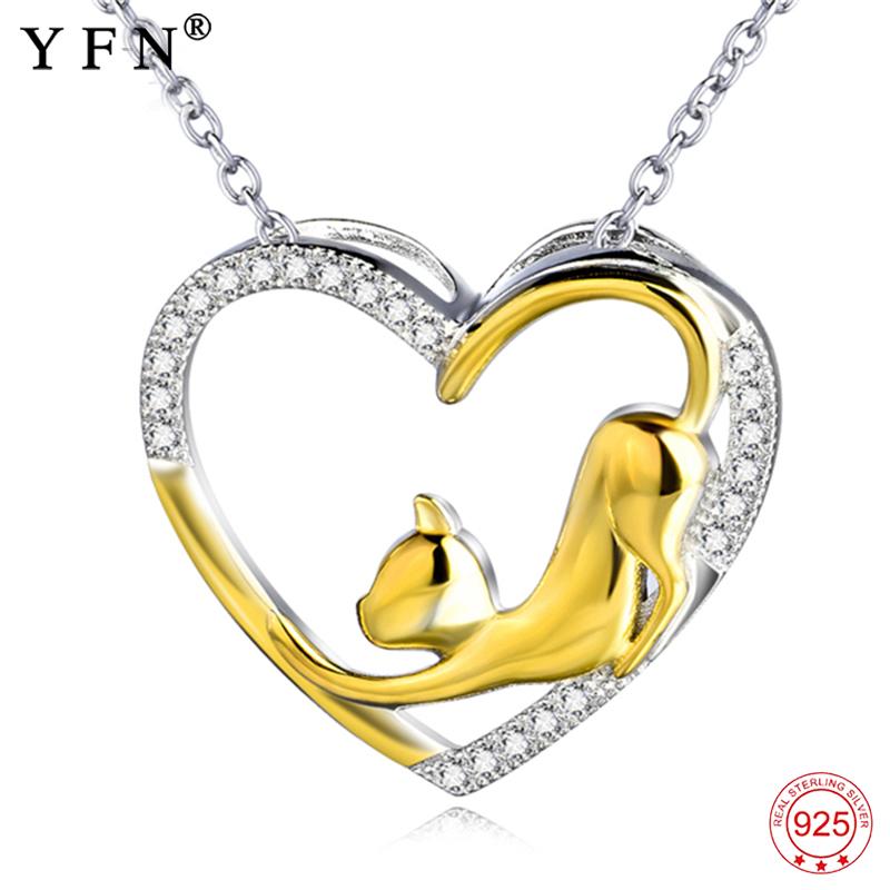 

YFN Necklace 925 Sterling Silver Necklace Heart Cat Crystal Zircon Pendant Woman's Jewelry Girl's Gift Graduation Gifts