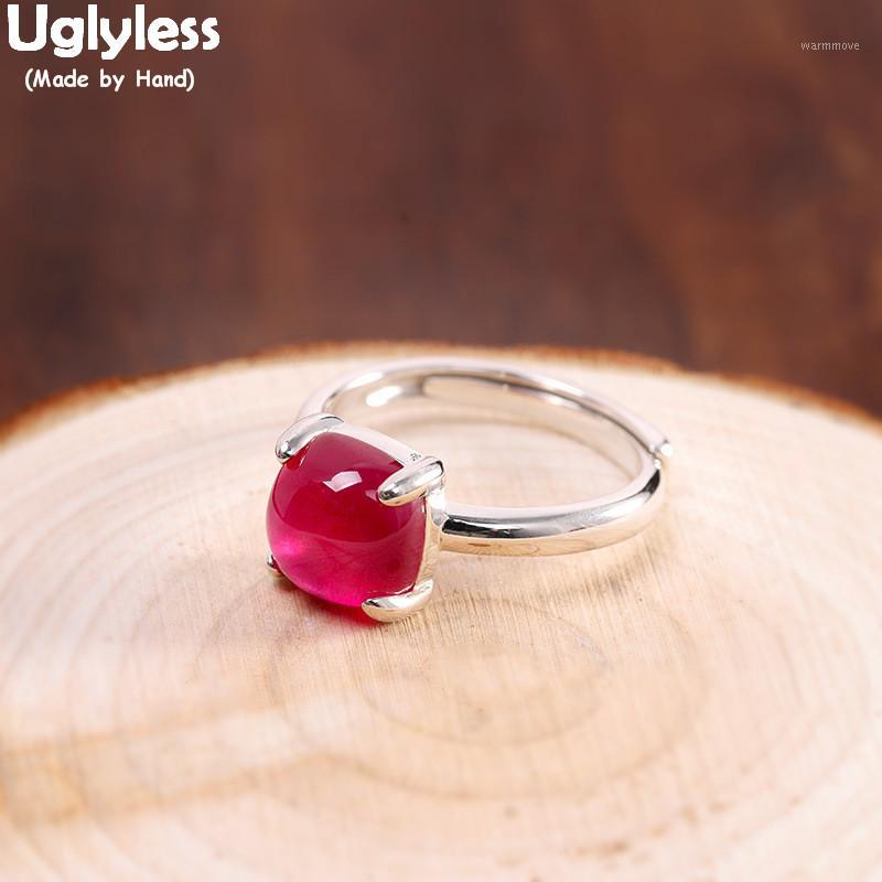 

Uglyless Pretty HOT Pink Corundum Semi-precious Gemstones Rings for Women Square Open Rings Real 925 Silver Dress Agate Jewelry1