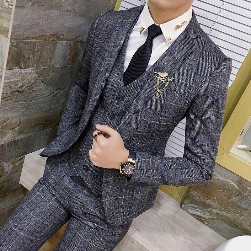 

Jackets + Vest + Pants ) Fashion Boutique Plaid Mens Slim Casual Business Suits Groom Wedding Dress Stage Banquet Male Suit, Gray