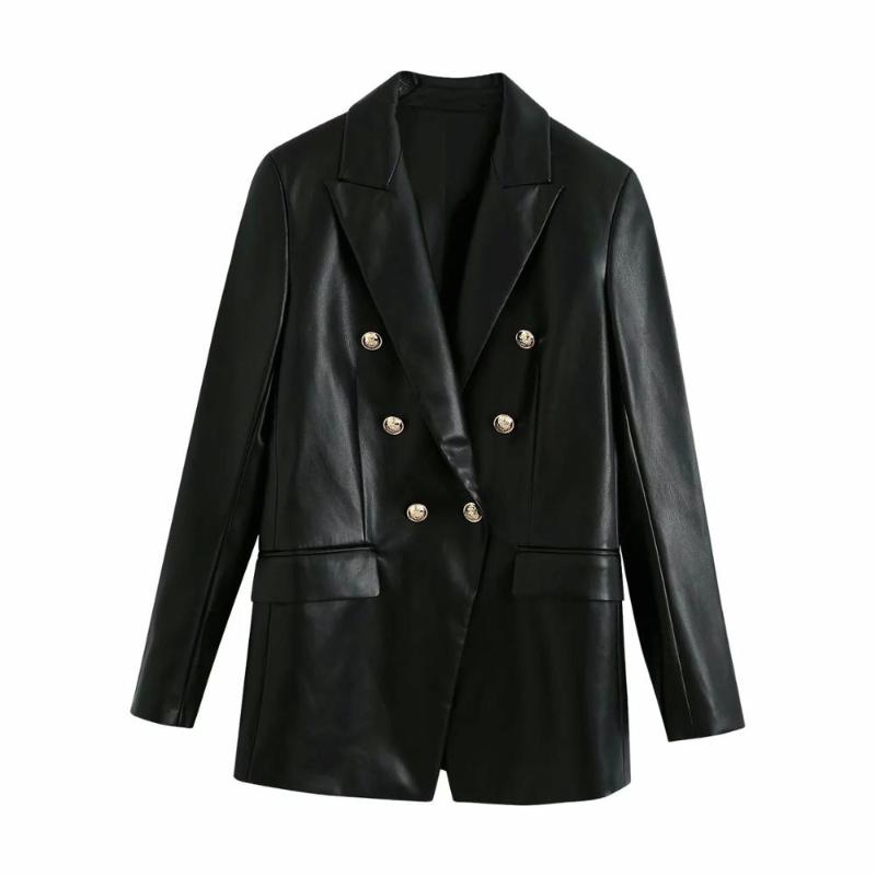 

2021 New Women Blazer Faux Leather Long Sleeves Blazer Back vent Double-breasted PU Jacket female casual fashion Women Coat, Black