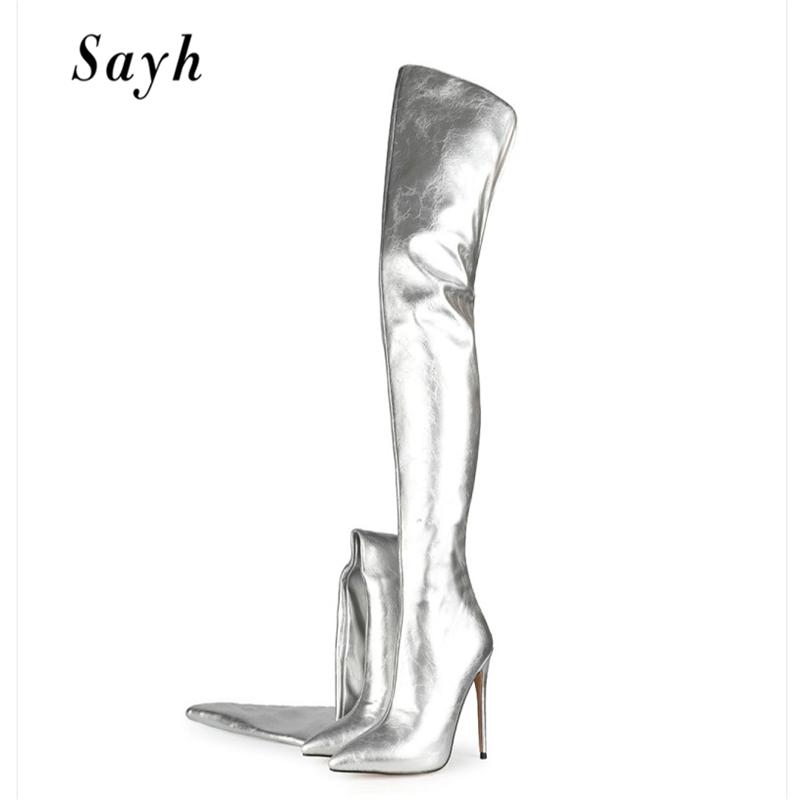 

12cm Winter Woman Silver Over The Knee High Boots Pointy Toe Boot Women's Boots Zipper Genuine Leather Runway Shoes Size Plus