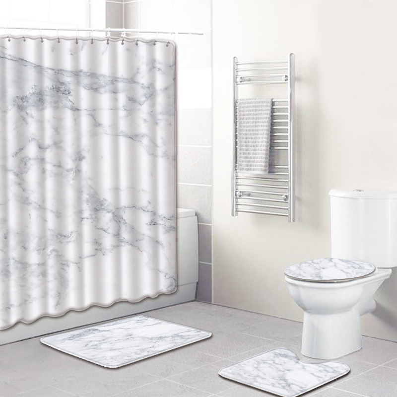

4Pcs/set Marble Pattern Waterproof Shower Curtain Polyester Pedestal Rug Lid Toilet Cover Bath Mat Set X1018