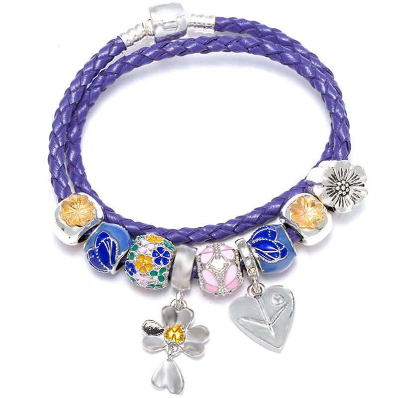 

TOGORY Hight Quality Purple Murano Charm Bracelets With Flower Pendant DIY Leather Chain Brand Bracelet For Women Couple Jewelry