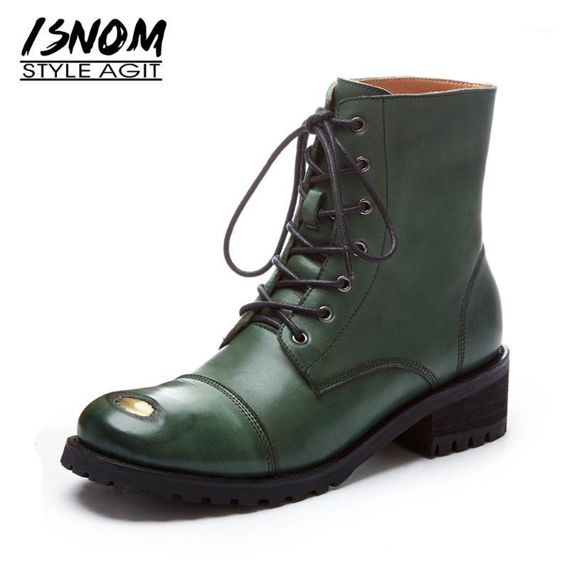 

ISNOM Genuine Leather Boots Women Vintage Old Patch Ladies Ankle Boots Cross Tied Woman Shoes Chunky Heel Platform Lace Up Shoes1, Black