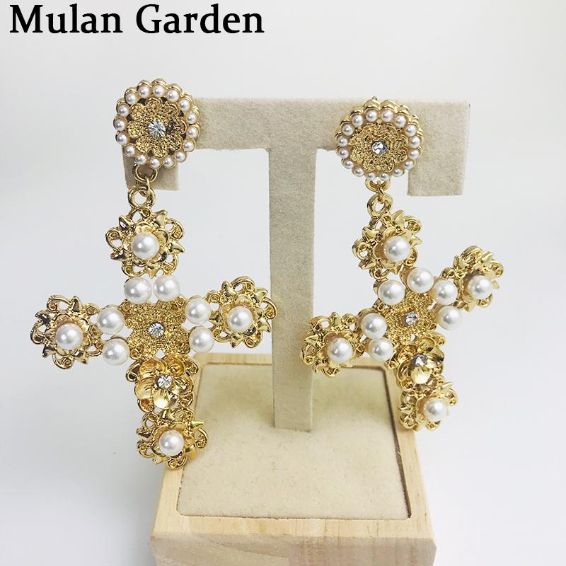 

M&G Vintage Gold Cross EarringsFake Pearl Flower Pendant Luxury Personality Dangle Earrings Vintage Jewelry Women Accessories