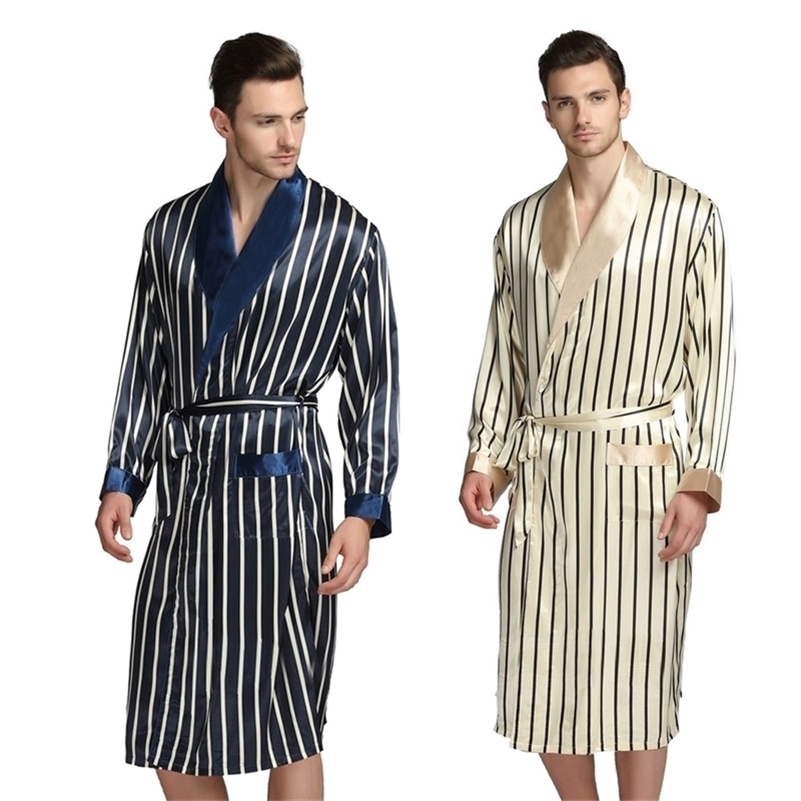 

Mens Silk Satin Pajamas Pajama Pyjamas PJS Sleepwear Robe Robes Nightgown Robes S M L XL 2XL 3XL Plus Beige Blue Striped 201111
