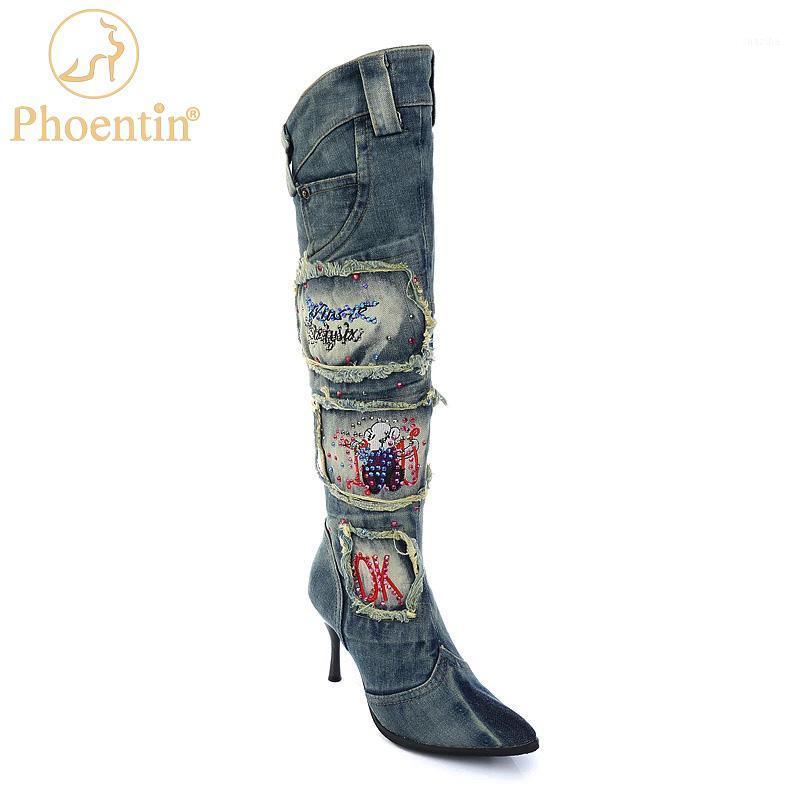 

Phoentin Denim Boots Women Winter Warm Pointed Toe Long Boots Knee High Rhinestone Ladies side zip high heels Shoes FT12571, Blue