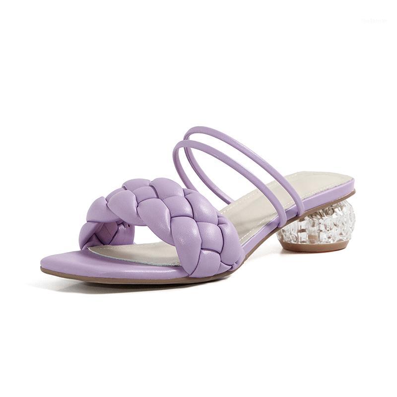

Lucyever 2020 New Women Brand Summer Slippers High Quality PU Weave Open Toe Casual Sandals Woman Diamond Heel Outdoor Slides1, Beige