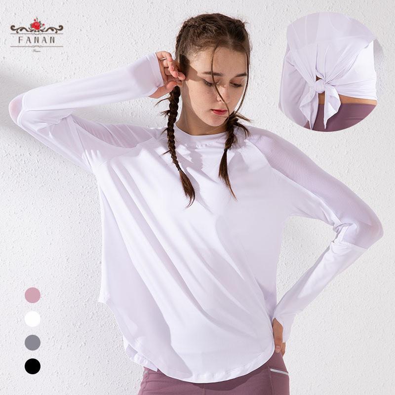 

Long Sleeve Yoga T-Shirt Loose Sportswear for Women Fitness Gym Running Shirts Breathable Tops Back Bandage Ladies Shirts, Gray