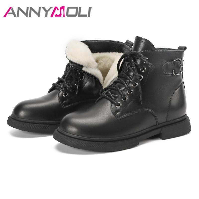 

ANNYMOLI Real Leather Natural Wool Fur Flats Platform Ankle Boots Women Motorcycle Boots Shoes Zip Buckle Cross Tied Short, Black