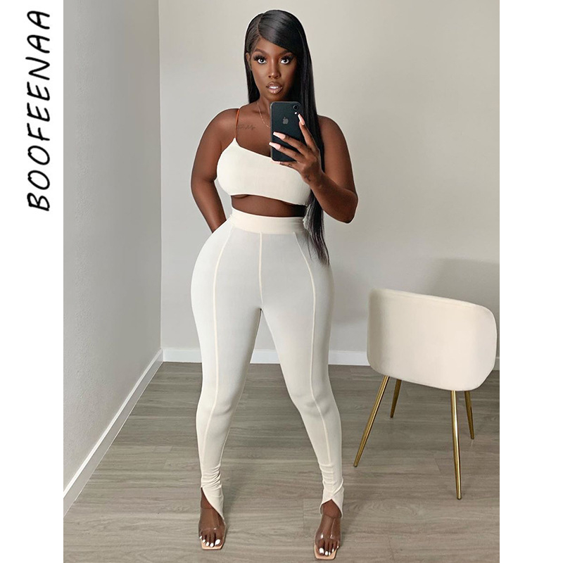 

BOOFEENAA Sexy 2 Piece Outfits for Women White Crop Top Slit Pants Matching Sets for Women Fashion Clothes Club Outfits C87-AC84