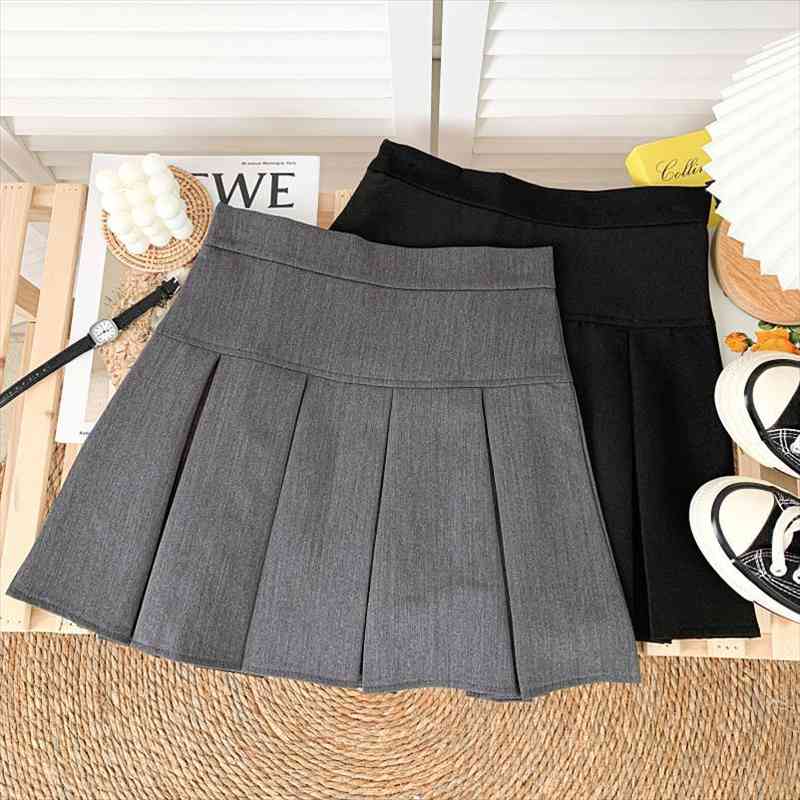 

Summer Women Sweet Solid Color Gray Pleated Skirts Preppy Style High Waist A-line Casual Female Slim Mini Skirts, Black