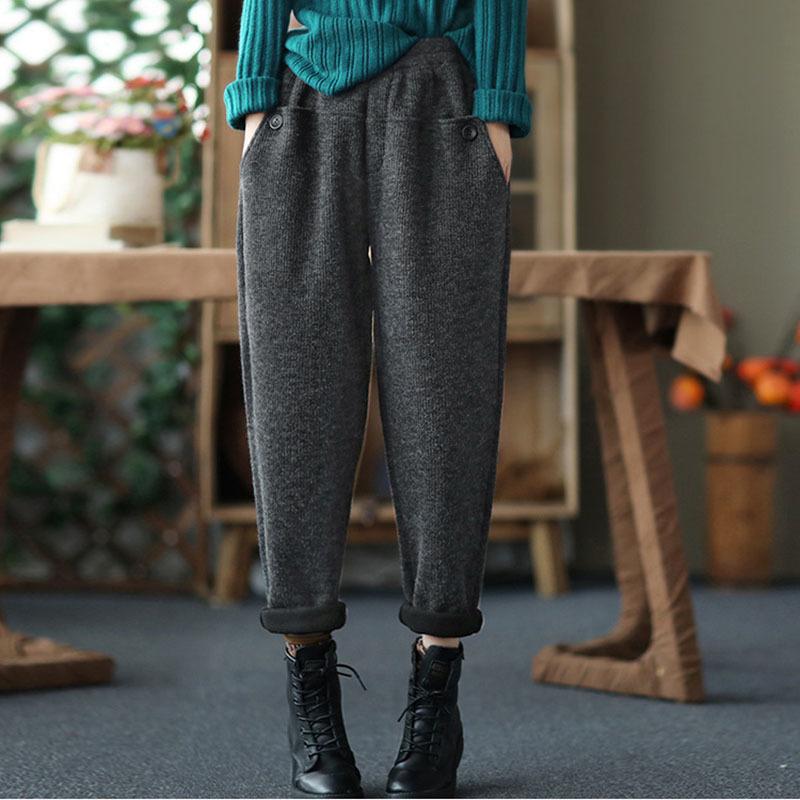 

NINI WONDERLAND Autumn Winter 2021 Plus Velvet Harem Pants Women Thicken Warm Casual Trousers Female Elastic Waist Vintage Pants, Black