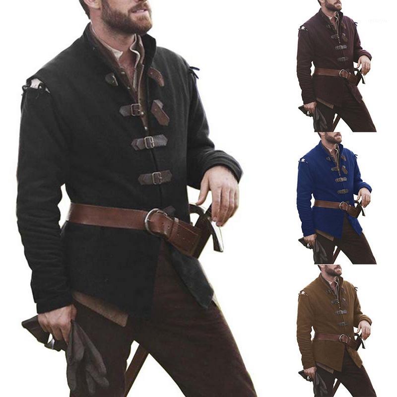 

Men's Trench Coats 2021 Medieval Knight Cosplay Coat Men's Costume Solid Color Collar Leather Buckle Tops Adult Men Long Sleeve Tops1, Dark brown