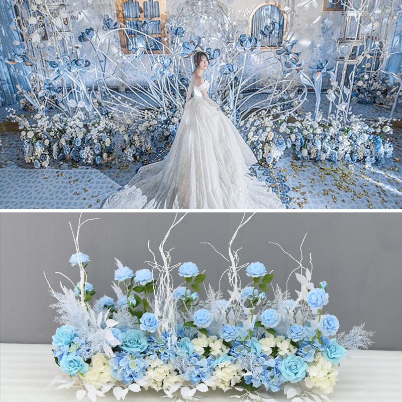 

1m wedding feather flower row arrangement T stage backdrop arch decor road lead flores artificiales window display flower wall, Blue b