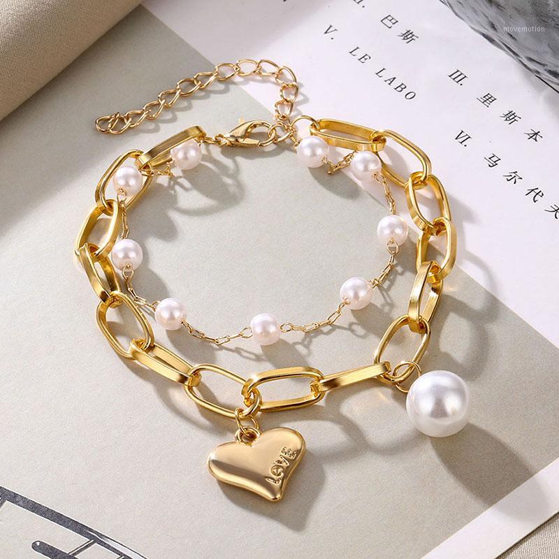 

Vintage Imitation Pearl Pendant Bracelets Bangles Women Wedding Punk Chunky Heart Chain Bracelet Couple Jewelry Gifts1