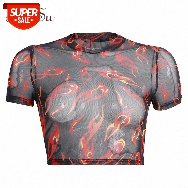 

ArtSu Flame Printed Tshirt Red Crop Top Sexy Transparent Mesh Top Short Sleeve Funny Tshirts Women Summer Harajuku ASTS20779 #ep5n, White