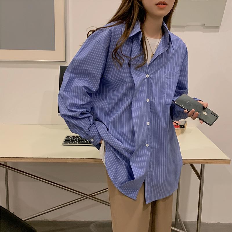 

Autumn new design sense ruffle stitching shirt women loose long-sleeved striped simple top blouse female tide, Blue